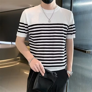 条纹针织冰丝t恤男短袖夏季薄款透气圆领半截袖体恤潮流修身帅气图片