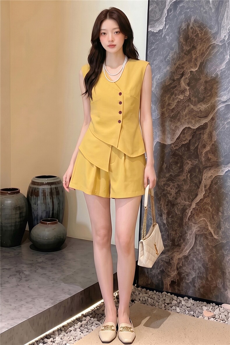 时尚气质减龄套装女夏季新款不规则无袖马甲上衣阔腿短裤两件套潮,女装套装/套裙,江南