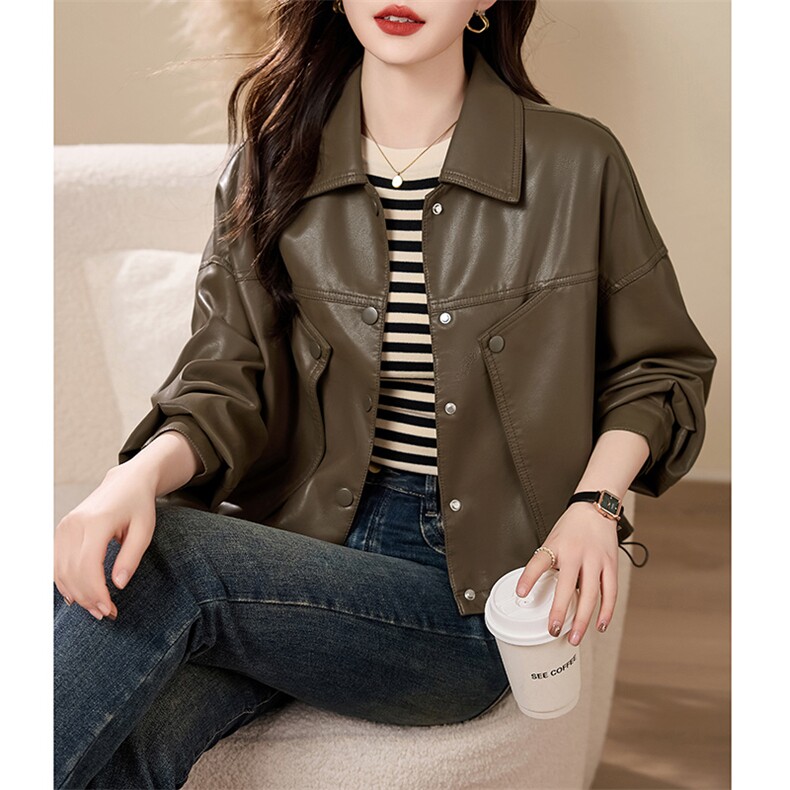 现货宽松蝙蝠袖绿色PU皮衣2024春装新款女装时尚百搭显瘦皮外套女,女装皮衣,江南女神