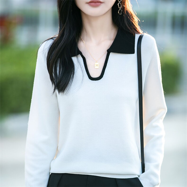 高级感拼色POLO领针织衫女长袖上衣早秋新款韩系时尚翻领撞色毛衣，女装针织衫/毛衣，萱芳婷羊绒