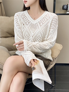 女士秋冬立体重工V领羊毛衫套头长袖纯色简约图片