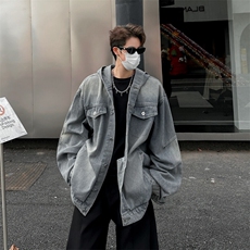 2025新款牛仔外套男宽松连帽工装上衣水洗夹克痞帅现货W8569-P72，男装夹克，星座512-4