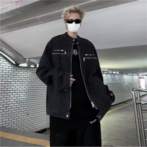 现货美式复古做旧水洗垫肩拼接牛仔外套潮牌金属设计感无领夹克男图片