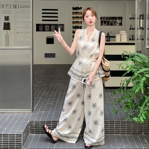 轻熟风复古印花V领系带收腰无袖上衣女2025夏季新款阔腿裤两件套图片