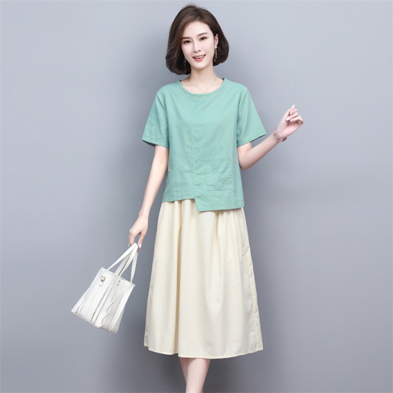 亚麻女高端棉麻套装2025新款女士半身裙年轻款高端中年妈妈两件套,女装套装/套裙,璐依舞