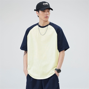 抖音得物高品质二开240克宽松纯棉美式潮牌插肩袖拼接短袖T恤图片