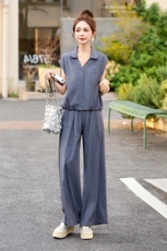 蓝色高级感韩系套装女小个子2025夏季新款V领衬衫+宽松百搭阔腿裤，女装套装/套裙，跑量工厂店