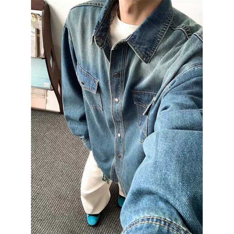 复古蓝色牛仔衬衫男女2025春秋冬季新款长袖夹克外套CJ56,男装衬衫,星座1116A（原606A-3）