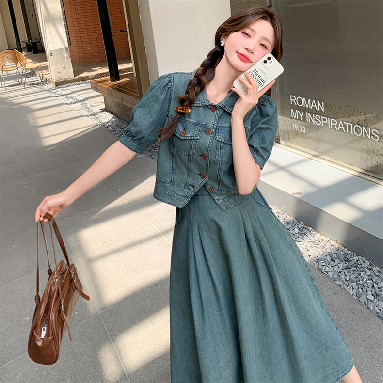 减龄气质短袖衬衫牛仔套装女2025年夏季新款韩版裙子外套两件套，女装套装/套裙，小九月