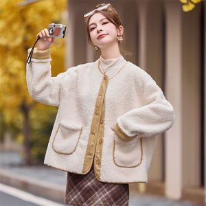 时尚撞色拼接毛呢外套女装显瘦保暖皮毛一体大衣图片