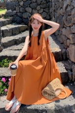 橘色无袖背心连衣裙女2024夏气质法式设计感小众压褶露背宽松长裙，女装连衣裙，浙宝276（原081）