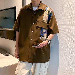 24年港风夏款工装小熊刺绣宽松短袖衬衫男CS105 P45图片