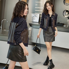 别致独特牛仔拼皮短外套女秋季2024新款通勤百搭可盐可甜短款上衣，女装牛仔外套，潮流依族