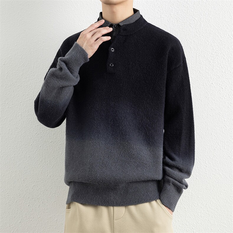 25780-P73假两件衬衫领毛衣套头衫男针织衫渐变色宽松打底衫,男装T恤,电商D310B
