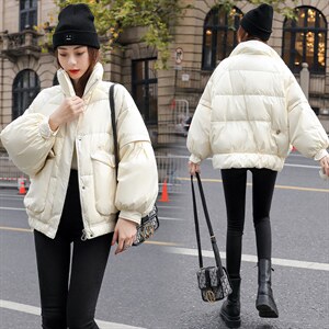 新品冬装2021面包服韩版时尚宽松短款女90%白鸭绒羽绒服外套图片