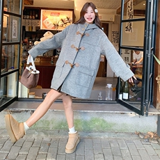 宽松连帽牛角扣毛呢外套（玩偶可拆卸），女装毛呢外套，天使之佳话