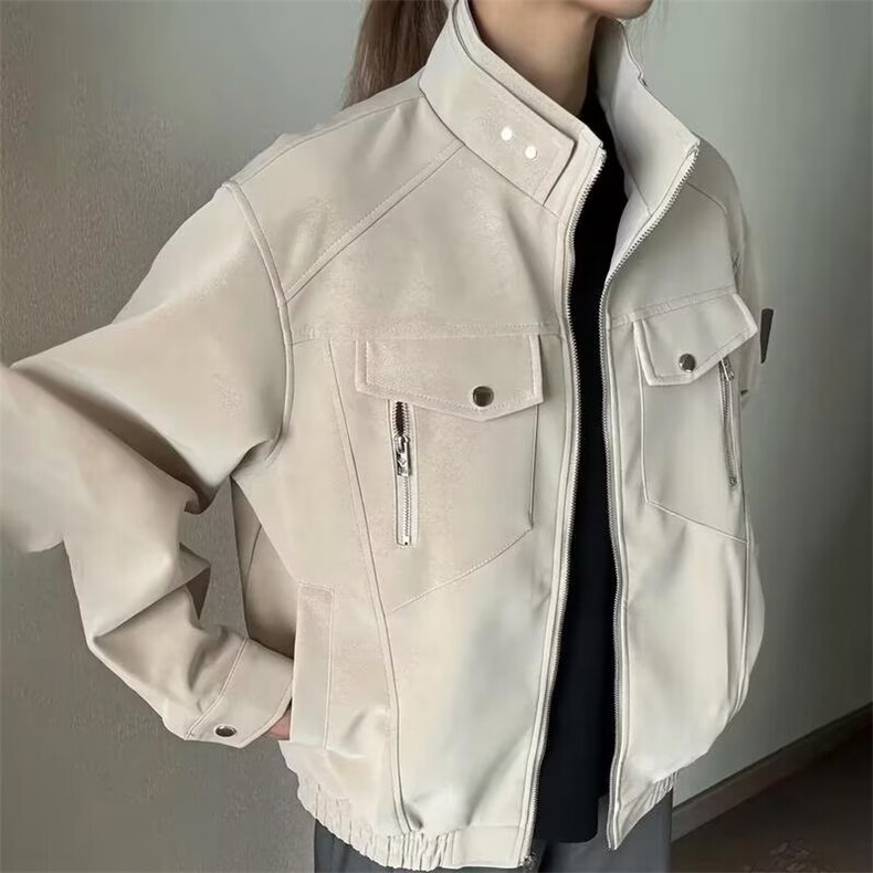 蓝色短款pu皮夹克男立领机车服皮衣工装外套513AJK2358P78,男装皮衣,星座513A