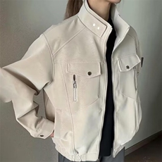 蓝色短款pu皮夹克男立领机车服皮衣工装外套513AJK2358P78，男装皮衣，星座513A