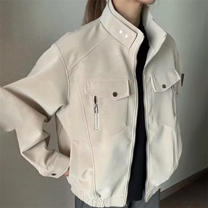 蓝色短款pu皮夹克男立领机车服皮衣工装外套513AJK2358P78图片