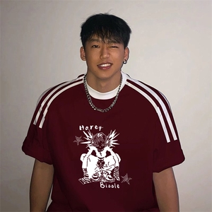 夏季美式高街重磅纯棉三条杠织带撞色男女短袖T恤ZD511-特P30图片