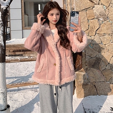 雪景甜美粉色皮毛一体绒外套显瘦短款冬季保暖上衣，女装短外套，天使之佳话