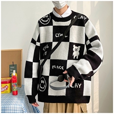 冬季棋盘格圆领加厚毛衣套头风笑脸大码男装羊毛衫休闲针织衫，男装针织衫/毛衣，星座909-2（原星座717-2）