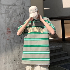B239-1269-P48横条纹美式复古字母印花夏季重磅落肩袖短袖t恤，男装T恤，星座514-2(原B239)