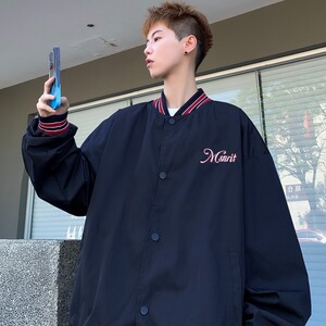 美式复古外套夹克街头潮牌宽松条纹撞色刺绣棒球服上衣Y157/P55图片