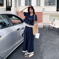 轻熟风韩系蕾丝拼接天丝牛仔阔腿裤套装女夏新款ootd穿搭两件套，女装套装/套裙，2C266