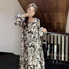 新中式水墨印花连衣裙女2025春秋季新款气质国风设计感小众衬衫裙，女装连衣裙，2C305