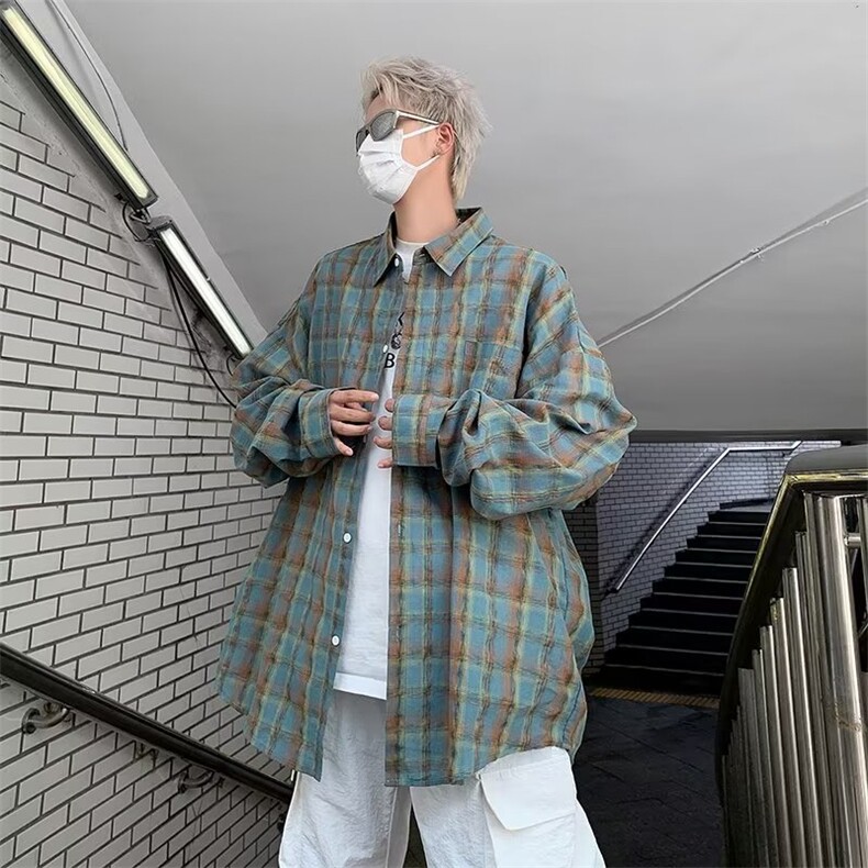 格子衬衫男女同款ins潮牌宽松痞帅长袖格纹衬衣C126-P40,男装衬衫,星座1109-3