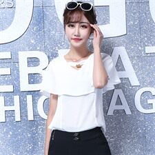 喇叭袖拼接气质优雅韩版V领百搭纯色2021年夏季套头蕾丝衫/雪纺衫，女装蕾丝衫/雪纺衫，奕阳依阁