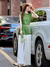 棉麻女夏季2025新款高级感时尚洋气时髦收腰显瘦阔腿裤，女装大码女装，乐吉娜