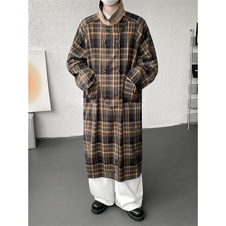 复古黑白正反两穿长款皮风衣男秋季通勤高级宽松外套FY1802P158,男装风衣,电商D206-1