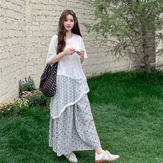 爆~现货两件套数据款小花植绒裙+蕾丝上衣2C323-1137-P160-K248，女装套装/套裙，2C323