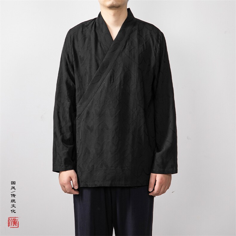 秋装新款提花男士斜襟改良长袖汉服道袍C205P70,男装民族服装,钱塘802