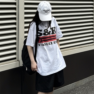 美式小领口字母潮牌宽松重磅270g纯棉短袖T恤杉情侣男女 T108 P32图片