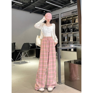 美式复古阔腿格子休闲裤男女春款宽松慵懒垂坠感显瘦直筒拖地长裤