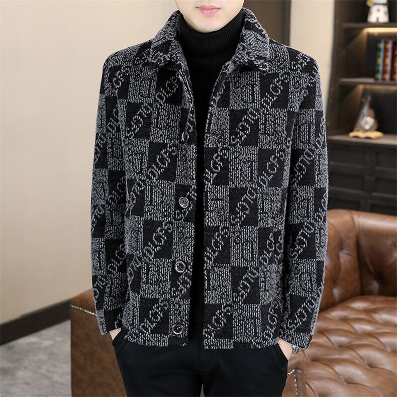 新款冬季男士高品质加棉加厚修身翻领毛呢外套大衣D69P135控228图片