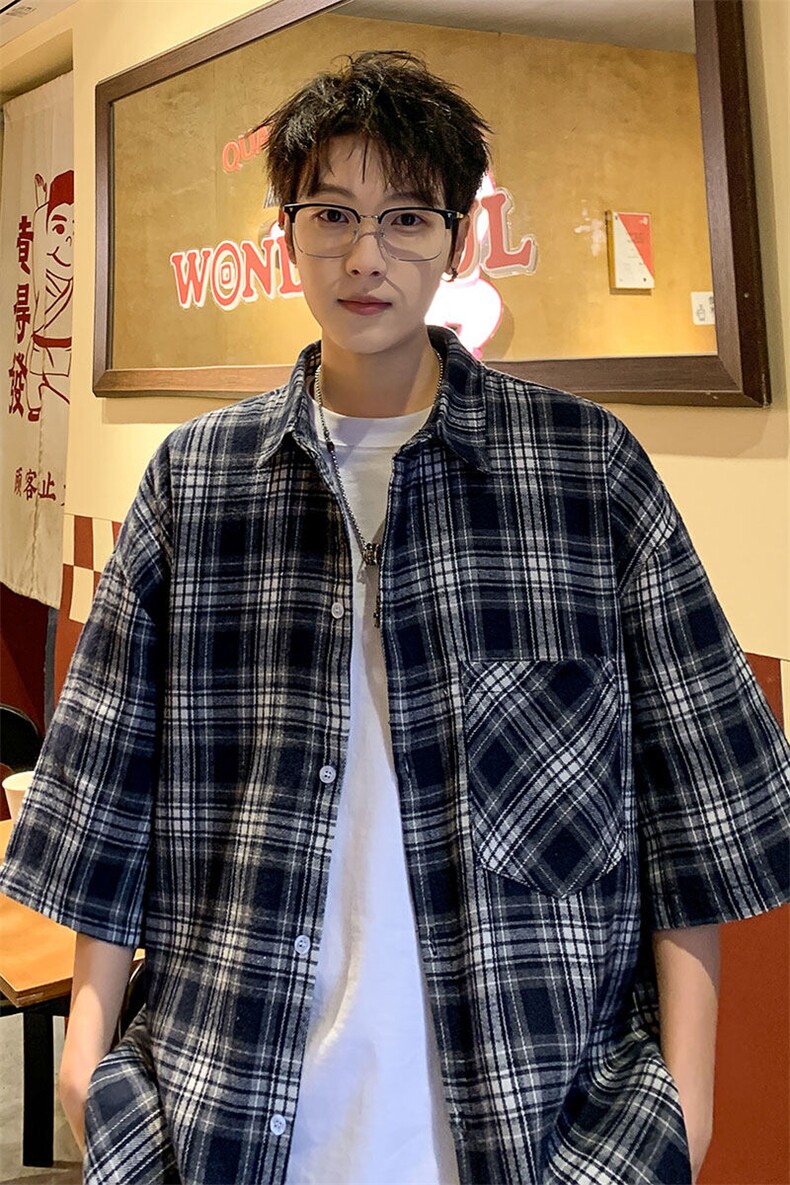 短袖衬衫男夏季新款磨毛格子衬衣DX711-特批25无差价,男装衬衫,星座214-3