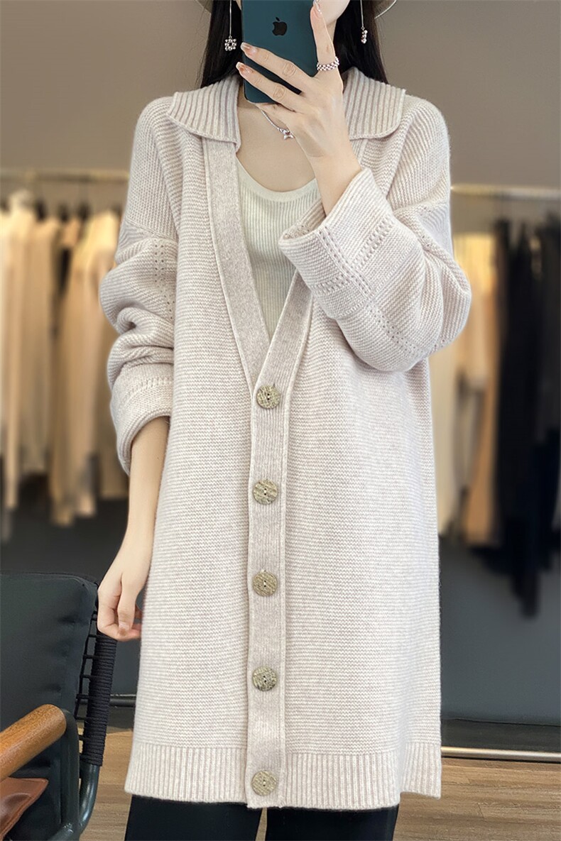 中长款100%纯羊毛开衫女24秋冬翻领加厚宽松毛衣慵懒羊绒针织外套,女装羊毛衫,琳华羊绒