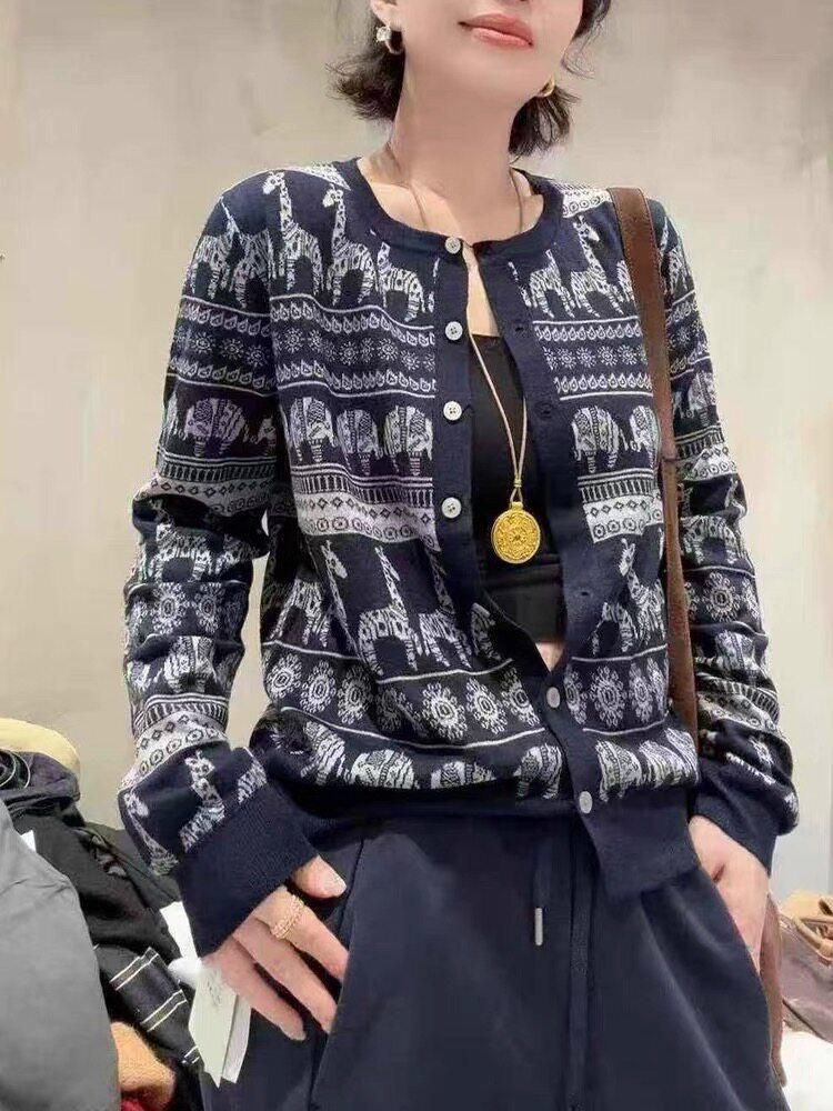 法式高端费尔岛提花毛针织开衫女2025新款长袖毛衣外套叠穿上衣潮,针织衫/毛衣,晨旭羊绒
