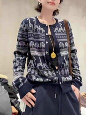 法式高端费尔岛提花毛针织开衫女2025新款长袖毛衣外套叠穿上衣潮，女装针织衫/毛衣，晨旭羊绒
