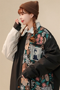 1中性风刺绣拼接翻领羊羔毛棉衣女棉服女外套女8723P110控148图片
