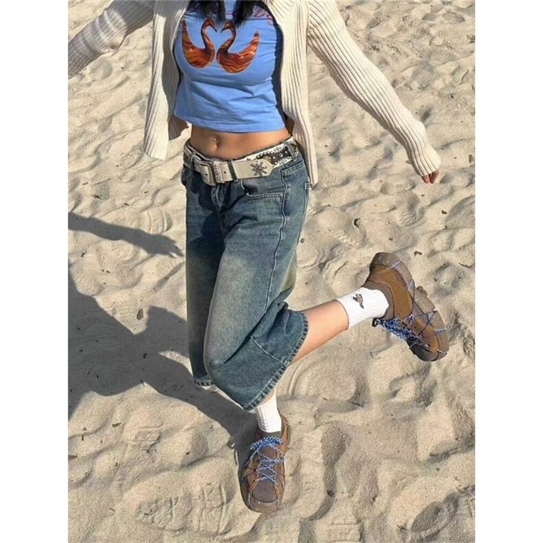 美式复古牛仔短裤五分裤女夏季辣妹低腰直筒宽松水洗七分裤中裤潮,男装牛仔裤,星座506A