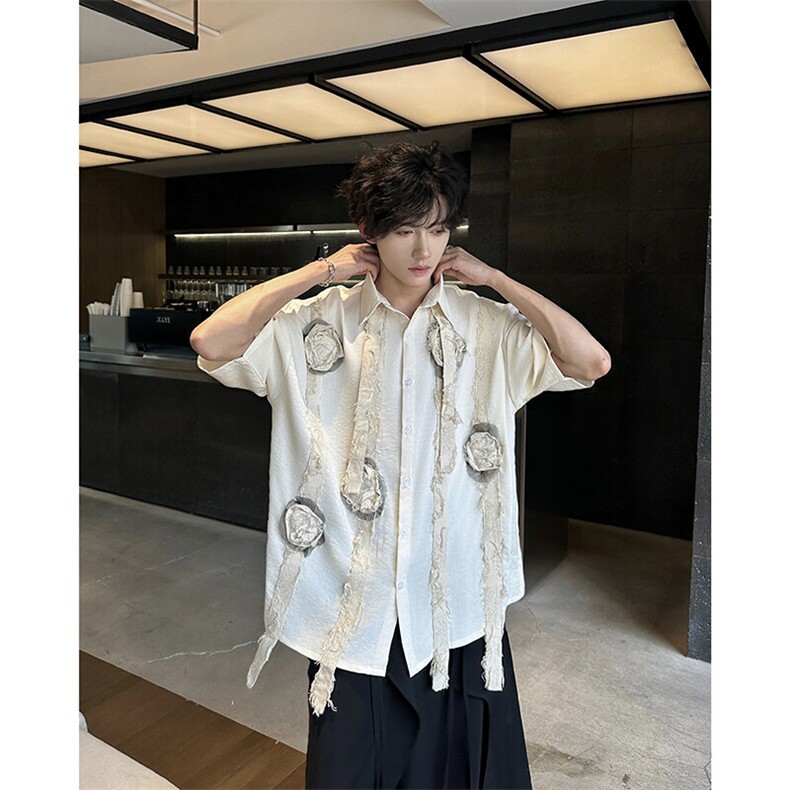 现货！25手工花朵艺术生飘带男士棉麻短袖衬衫CS133-P98,男装T恤,电商B288