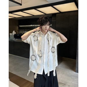 现货！25手工花朵艺术生飘带男士棉麻短袖衬衫CS133-P98图片