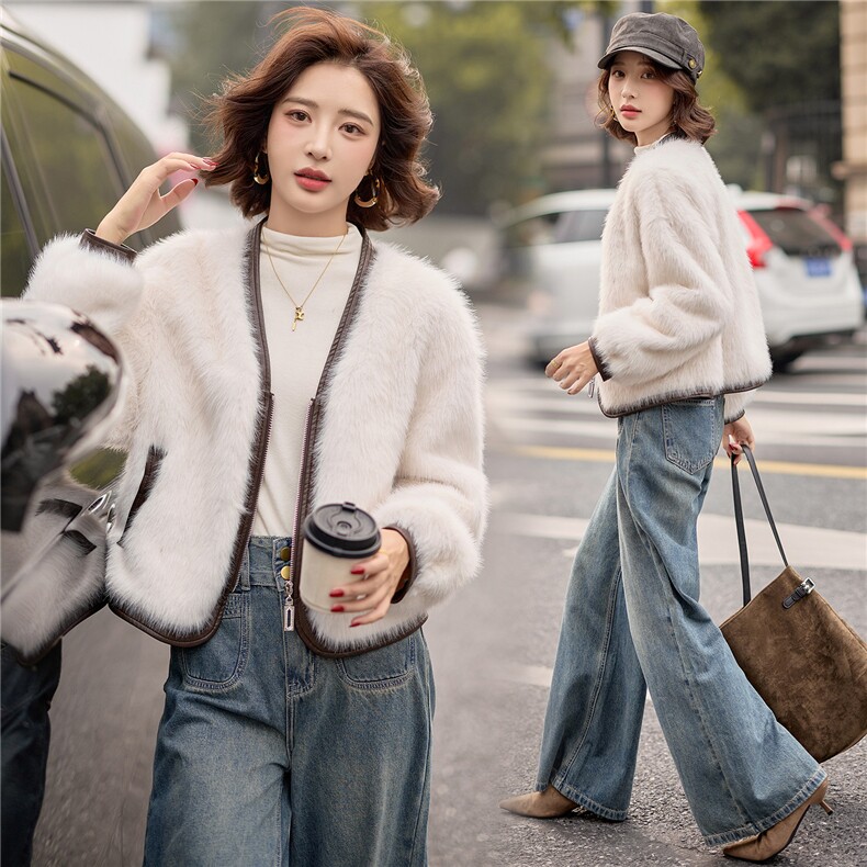 （bao款现货已出）冬季新款时尚PU皮拼接仿水貂毛皮毛一体短款,女装毛呢外套,难舍钰依