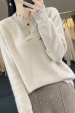 秋冬新款100%纯羊绒衫女V领花边宽松长袖提花时尚羊毛针织打底衫，女装羊毛衫，迅太羊绒