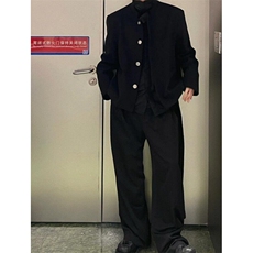 酒红色垫肩立领短款西装外套男春秋季修身百搭痞帅夹克西服-XF9，男装夹克，星座601-1